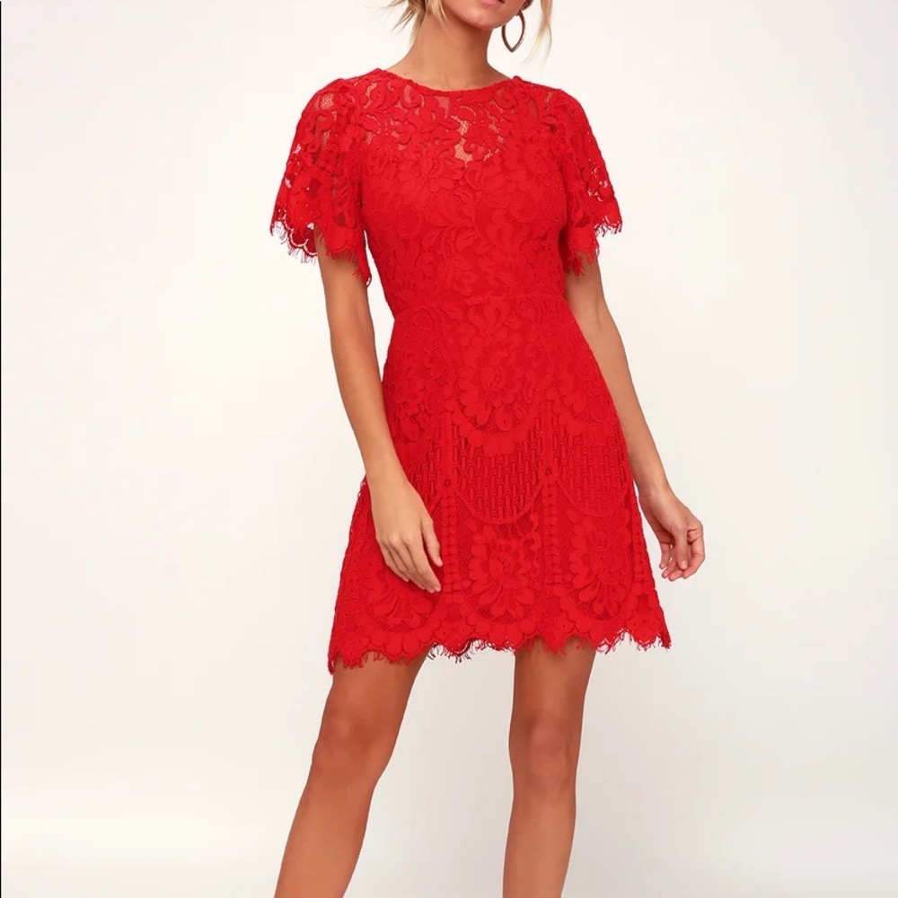 Lulus Pearson Red Lace Short Sleeve Dress